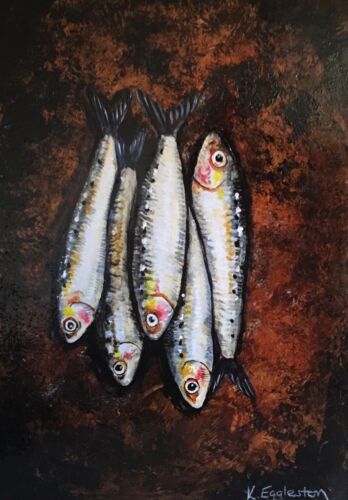 Original Painting. Sardines Fish. Still life.Fine Art .Signed K Eggleston