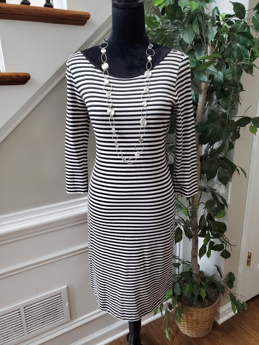 striped knee length dress Chelsea & Theodore Womens Black Striped Long Sleeve Knee Length Dress Size  Small