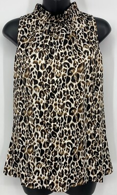 Ann Taylor Women Top Size 4 Leopard Print Sleeveless Pleated Elegant Mock Neck