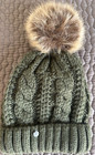 Von Lamezan Green Cable Knit Beanie Faux Rabbit Pom-Pom Black Fleece Lined OS — photo 1