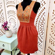 Lucky Brand Boho Mini Dress XS Rust Red Embroidered Sleeveless Peasant Festival