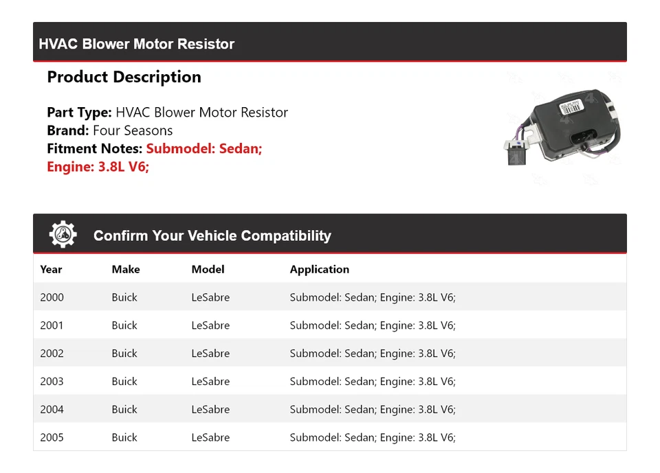 Resistencia de motor soplador de climatización V6 3,8 L sedán Buick LeSabre 2000-2005 4 estaciones Foto 2 de 4