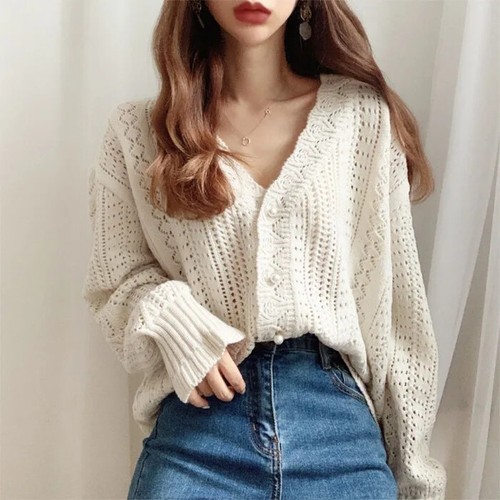 Women Hollow Out Sweater and Cardigans Low V-Neck Knit Tops Long Sleeve - Picture 13 of 19