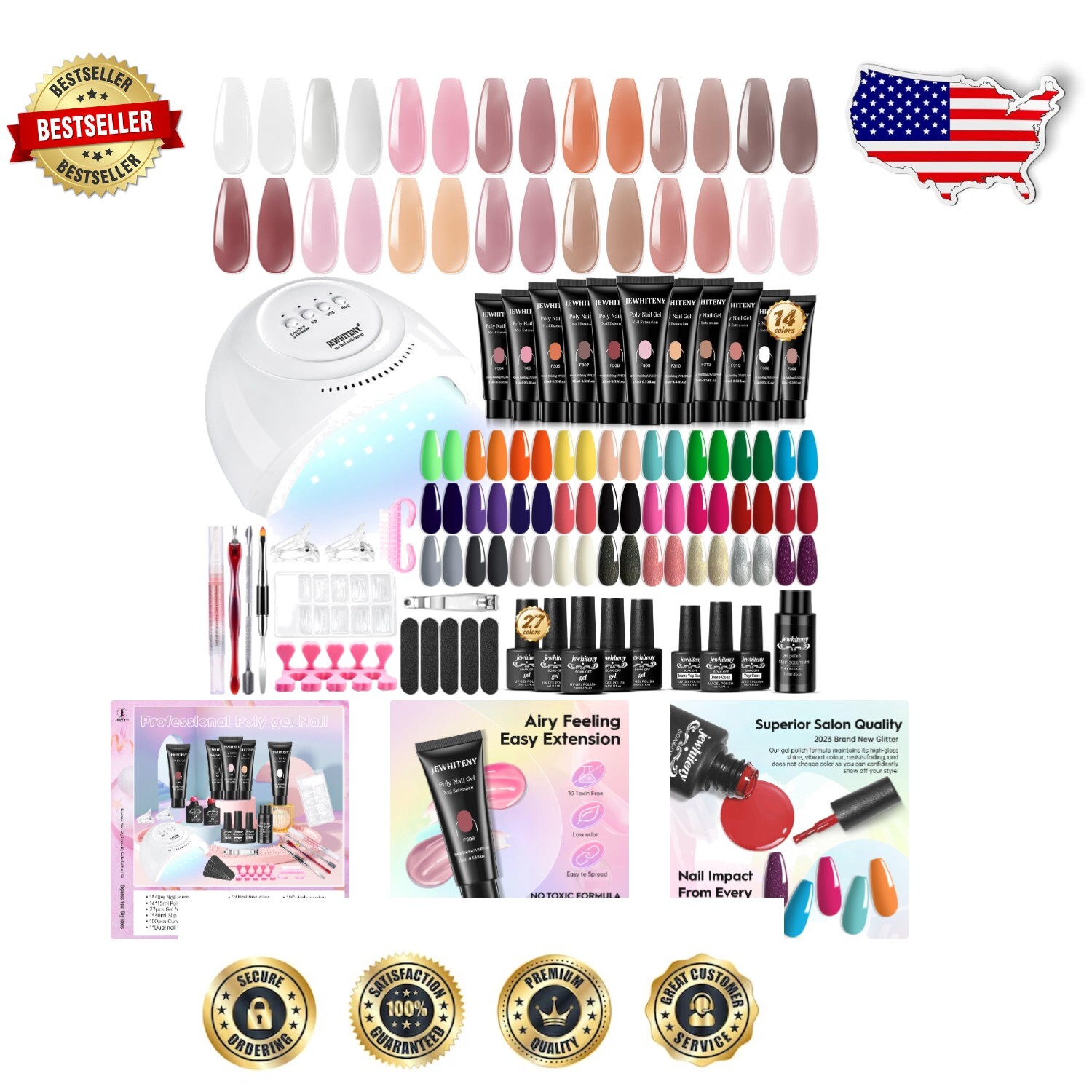 All-in-One Nail Art Starter Kit: 14 Poly Gels & 27 Gel Polishes with 48W Lamp