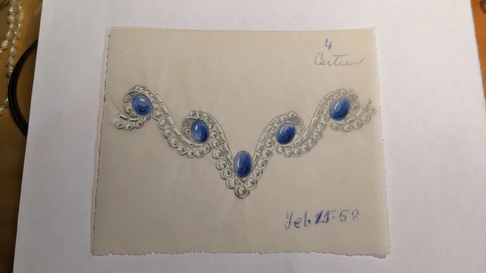 attribué à Cartier, Bijou dessiné collier, jewelry design, sur papier calque - Photo 3/4