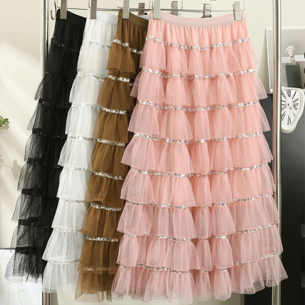 【COLOR iN ID】Glossy mesh layered skirt Women Girl Lace Mesh Skirts Sequin Ruffles Tiered Midi