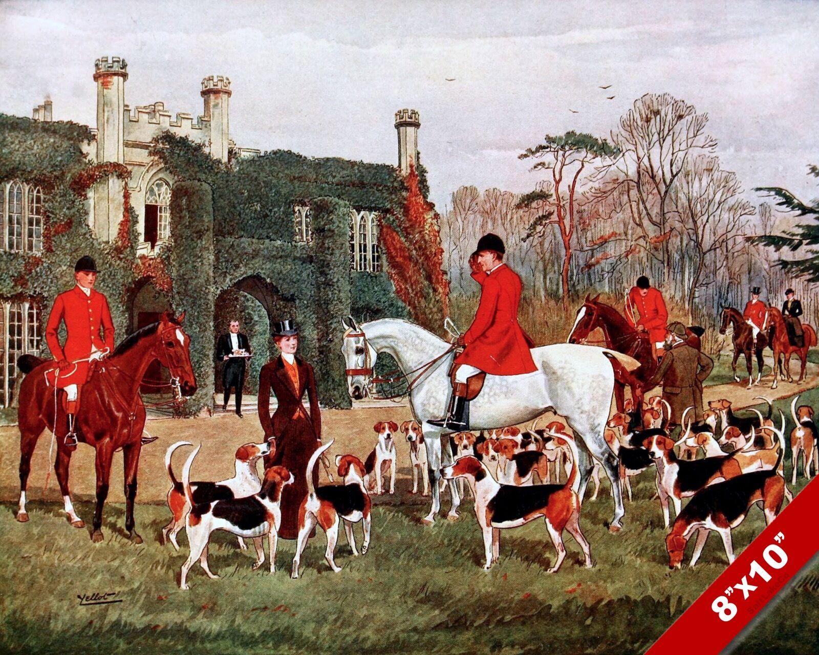 FOX HUNT MEET AT THE ABBEY HORSE EQUESTRIAN HUNTING ART PAINTING CANVAS PRINT