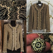 ST JOHN COLLECTION BROWN/BLACK JACKET W/ FRINGE KNIT TRIM SZ 4