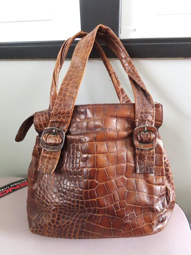 Luana Made In Italy dk tan Genuine croc Emboss Leather shoulder tote bag VINTAGE - Picture 6 of 13