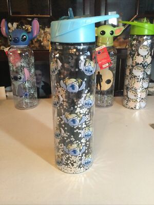 DISNEY TROPICAL STITCH GLITZER GEFÜLLT WASSERFLASCHE GRIFF FLIP AUSLAUF BLAU PRIMAR