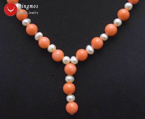 5-6mm Natural White Pearl Necklace for Women & Pink Coral Pendant Necklace 17'' - Picture 4 of 4