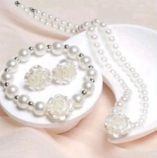Pearl Rose Jewelry Set   Elegant 3PCS Necklace, Bracelet, Earrings Simulated
