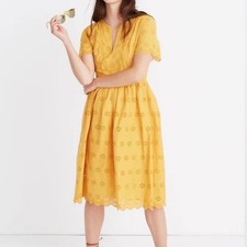 Madewell Scalloped Eyelet Midi Dress Yellow Sz 4 Cotton Romantic Cottagcore