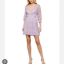 BCBGMAXAZRIA Women's Short Floral Embroidered Tulle Evening Dress Lavender sz 0