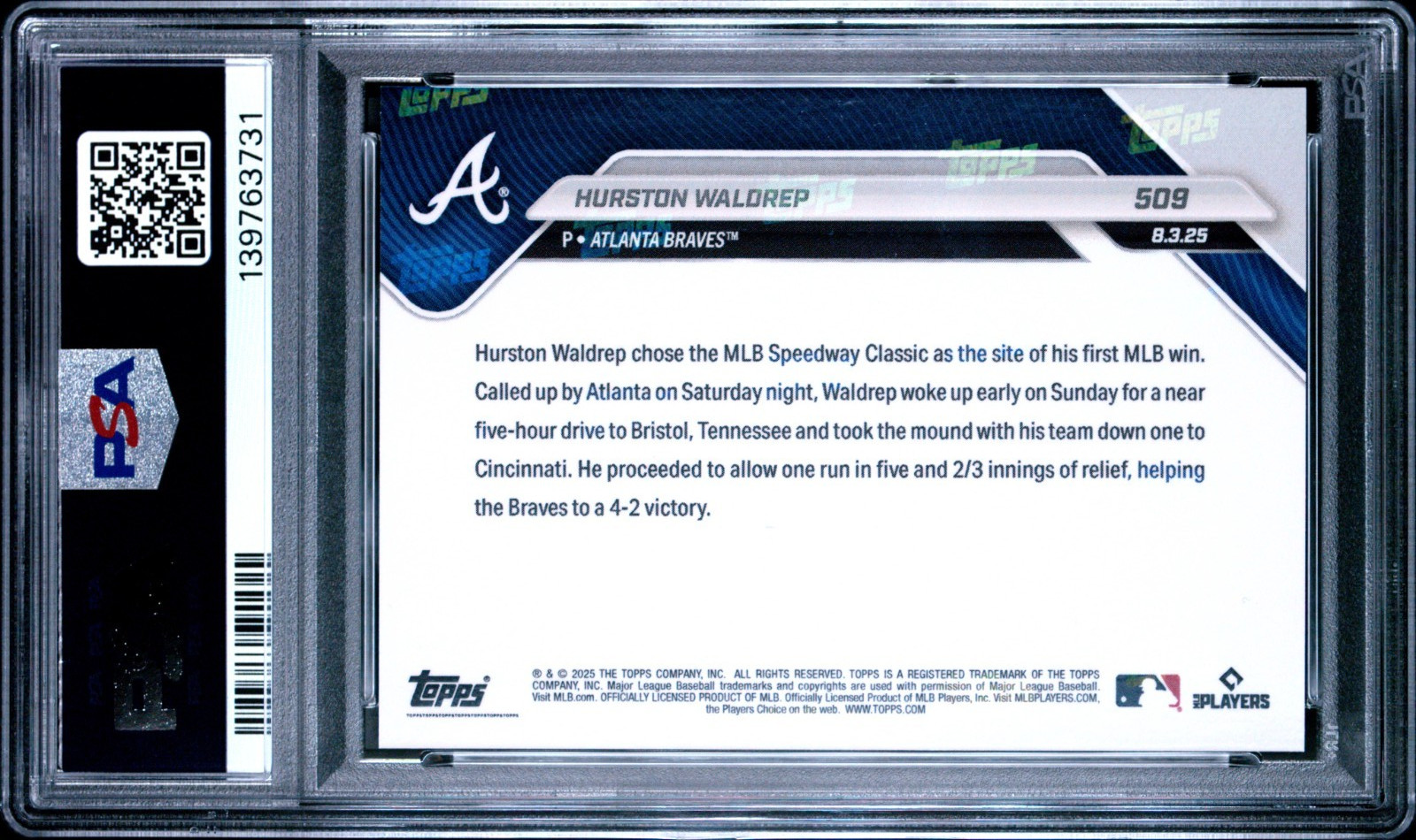 2025 Topps Now HURSTON WALDREP #509 PSA 10 Speedway Classic ATLANTA BRAVES RC view 2