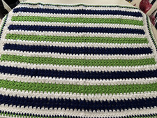 NEW crochet granny square afghan blanket throw 48 X 33”green blue white preowned