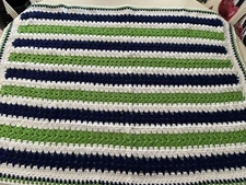 NEW crochet granny square afghan blanket throw 48 X 33”green blue white preowned