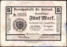 5 Mark Preu&szlig;isch Holland 1914, stark gebraucht