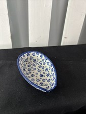 Vintage Polish Pottery Spoon Rest 5" LX 3&rdquo;W X 1.25&rdquo;T Blue Confetti Design