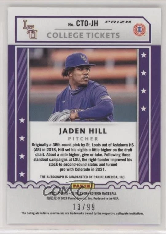 2021 Elite Extra Edition College Tickets Optic Signatures /99 Jaden Hill Auto - Image 2 of 2