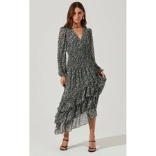 ASTR The Label Floral Smocked Tiered Midi Dress Black White Purple Medium