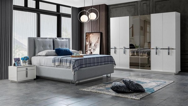 Designer Hochwertig Schlafzimmer Set Weiß Bett Kleiderschrank 2X Nachttische-image