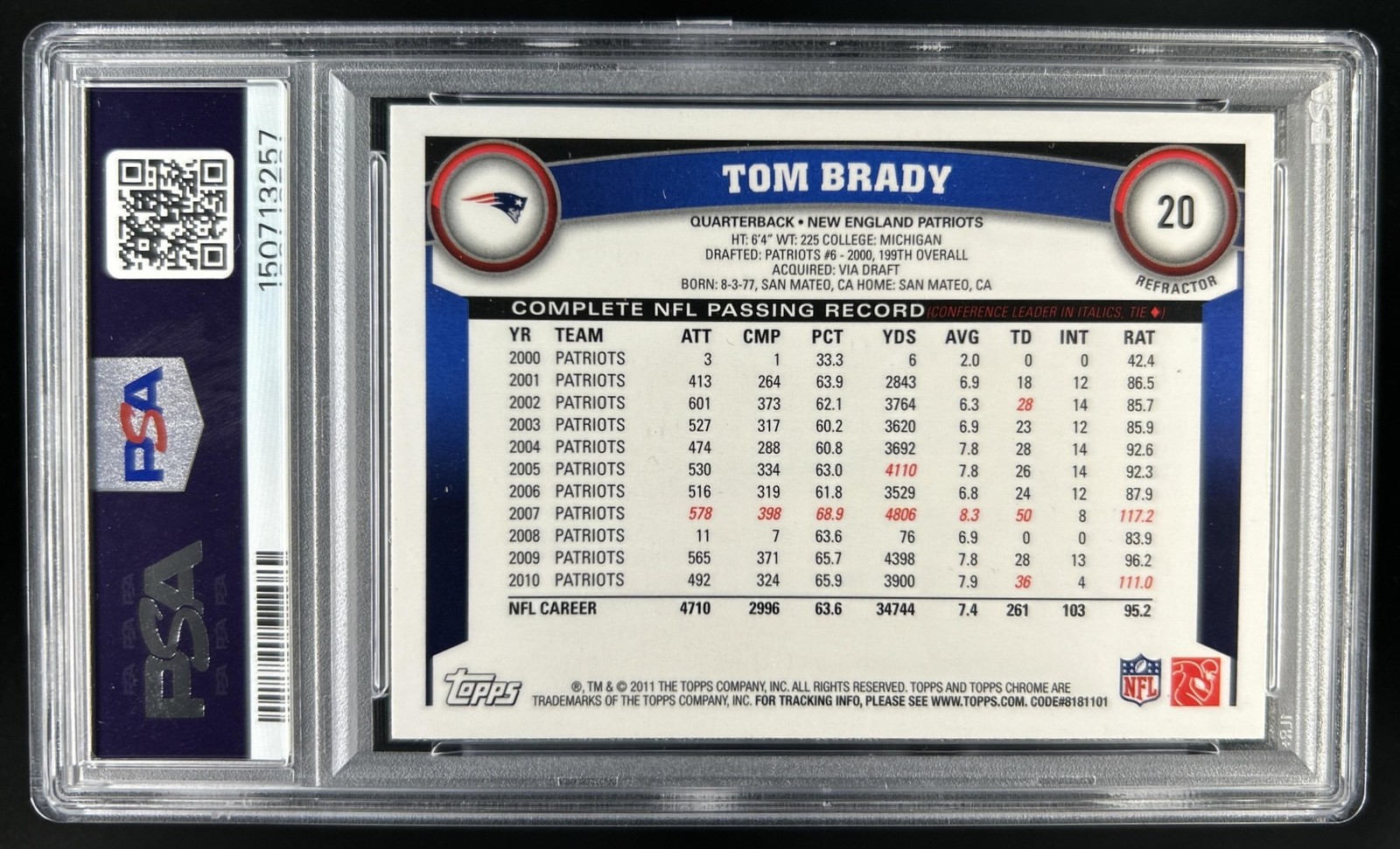 2011 Topps Chrome Tom Brady Orange Refractor #20 Patriots PSA 9 view 2