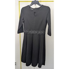 LWIN Black Fit and Flare Dress 3/4 Sleeve Crochet Lace Waist Keyhole Neck Small