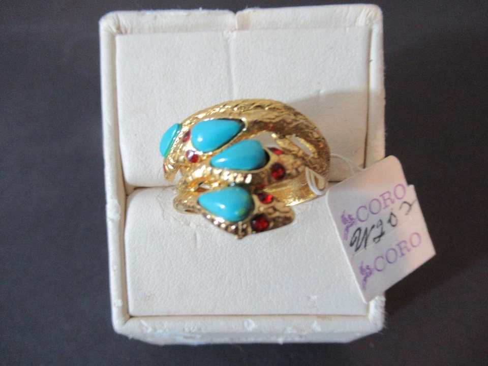 Coro Brushed Gold Tone Snake Ring Blue Stone Red Rhinestone Eyes  NOS size 7.5 - Image 2 of 4