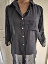 Womens Button Down Black Sheer Blouse With Lace Sleeve Detail Size Medium