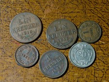 6 Austria coins-1 Kreuzer 1816B x 2, 1851A, 1881, 1885, 20 Heller 1907