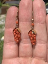 Gold Plated Coral Grape Drop Earrings, Novelty Vintage