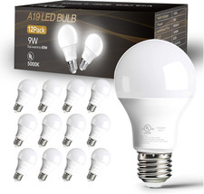 12 Pack A19 LED Bulbs, 9W Equivalent 60 Watts, E26 Base, 5000K Daylight White, 8