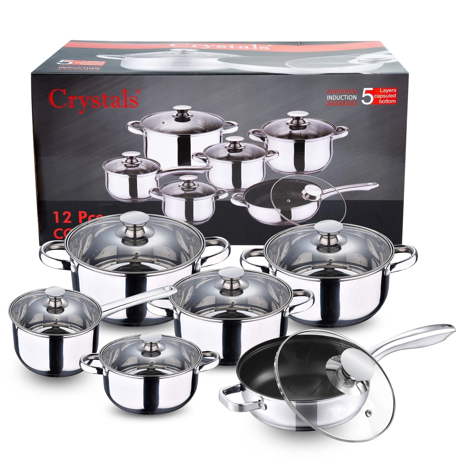 12PC Stainless Steel Cookware Casserole Stockpot Pans Set Glass Lids Kitchen