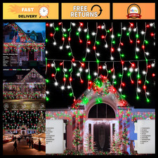 2 Pack 204 LED Christmas Icicle Lights - Battery Operated, 20ft Clear Wire, 8 Mo