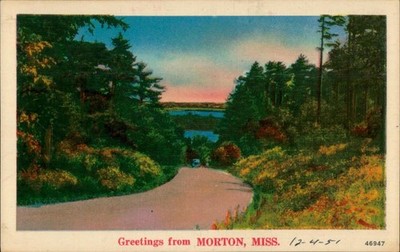 Greetings From MORTON MISS Postcard 1951 Scenic Lake View Unposted Vintage