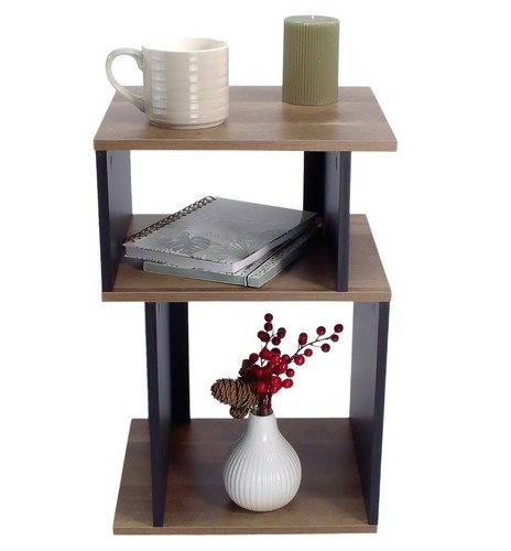 Small Side Table Rustic Oak & Black Wood 3 Tier Storage End Table Coffee Table - Picture 3 of 5