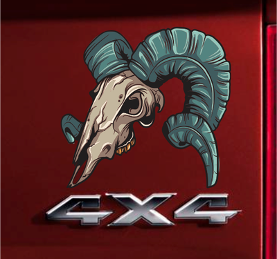 Ram Head Skull Bumper Sticker – 4x4.2 Inch, Glossy White Vinyl, Diesel Coal Roller Decal, Avery Dennison