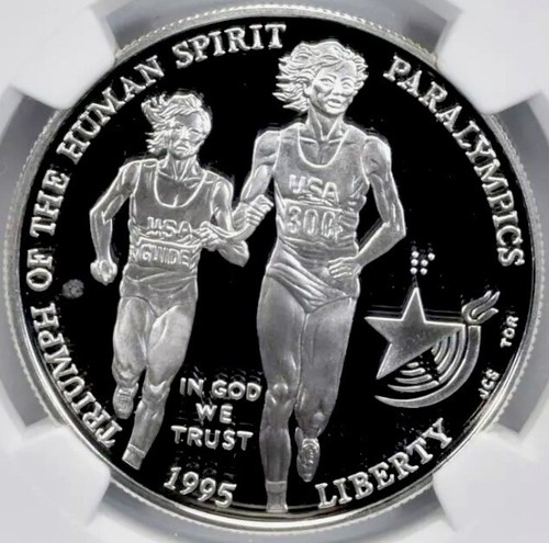 1995 OLYMPICS PARALYMPICS BLIND RUNNER Silver Dollar NGC PF70💥FLAWLESS QUALITY - Picture 3 of 5