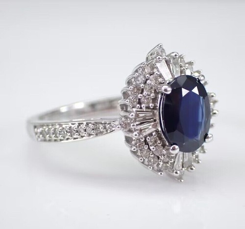 Oval Cut Simulated Blue Sapphire Stunning Wedding Ring In 14k White Gold Plated - Picture 5 of 9