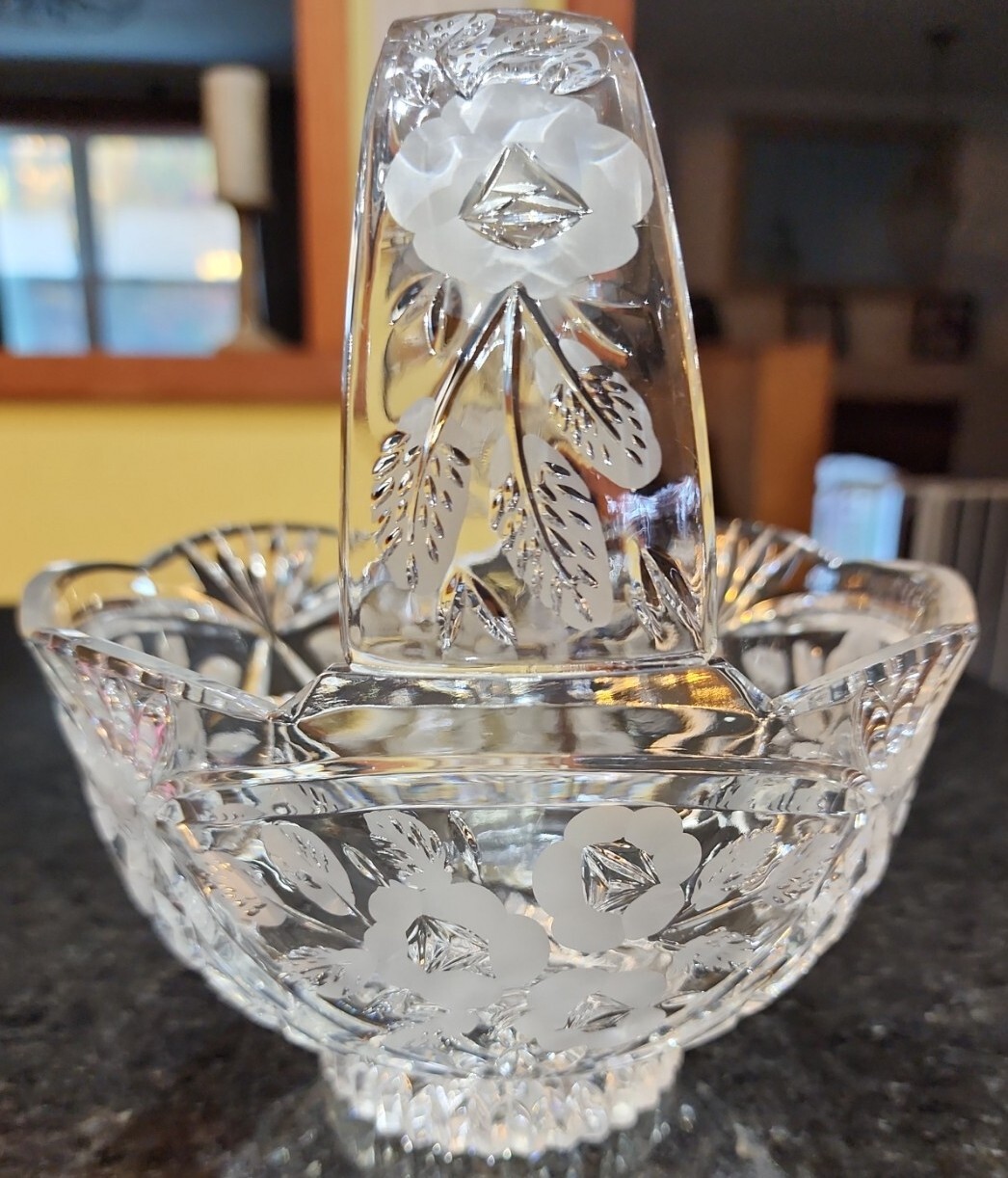 VINTAGE CRYSTAL BASKET WITH HANDLE CUT ETCHED GLASS. eBay