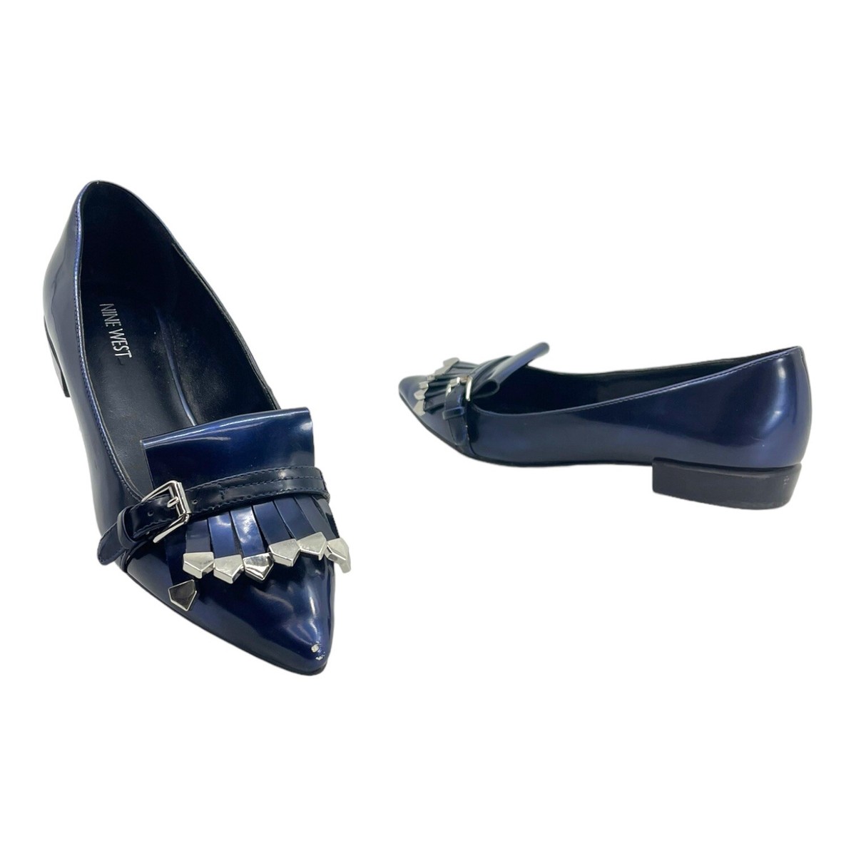 NINE WEST Womens Patent Pointed Toe Loafers Work Flats Classic NAVY BLUE