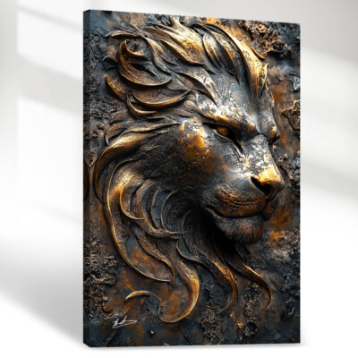 Leinwand Bild Löwe 3D Schwarz Gold Abstrakt Wandbilder XXL Metall Optik  5357A