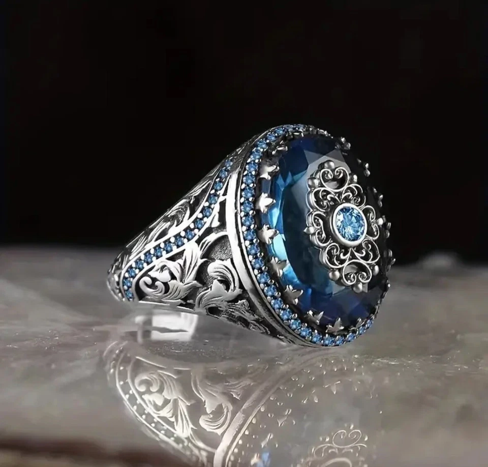 Large Turkish Silver Plated Blue Topaz Ring Women’s Statement Ring Size 8 🎁 - Image 4 of 4