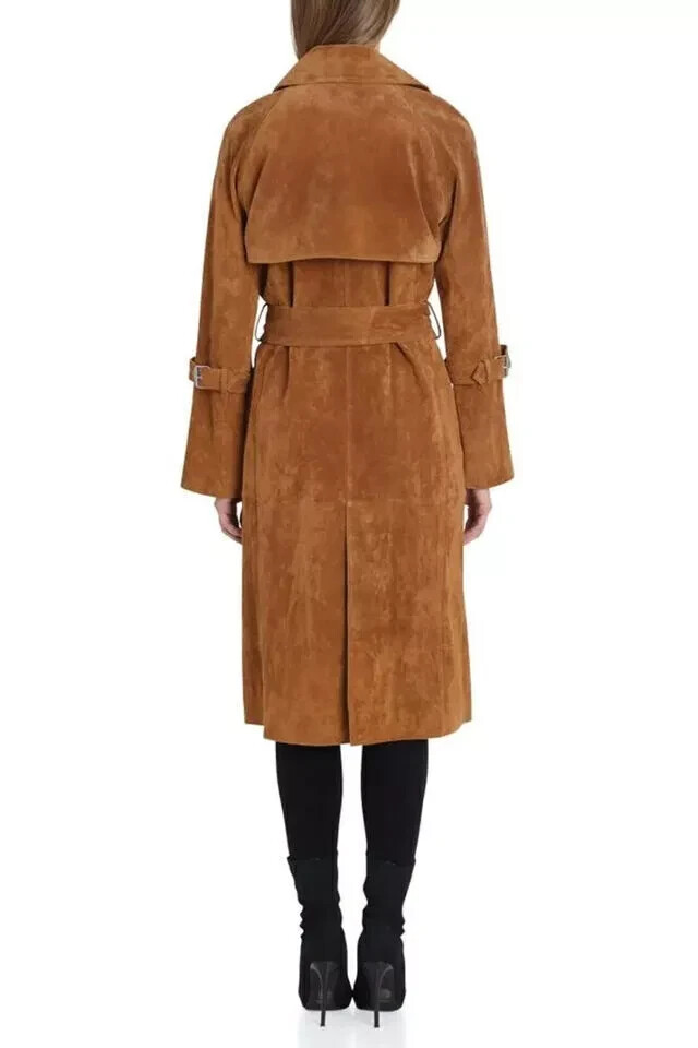 Women Pure Goatskin Brown Suede Leather Trench Coat Long Double-Breasted Belted