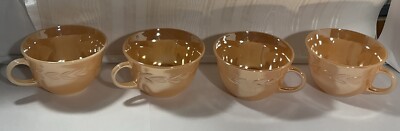 4 Vintage Fire King Oven Ware Peach Lustre Laurel Leaves Coffee Tea Cups