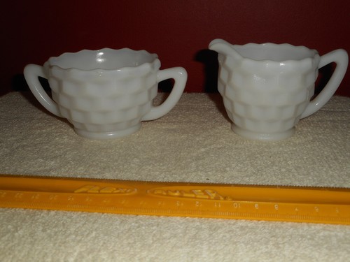 Hazel Atlas Milk Glass Diamond Block Pattern Sugar Bowl & Creamer Set 1950's - Picture 2 of 12