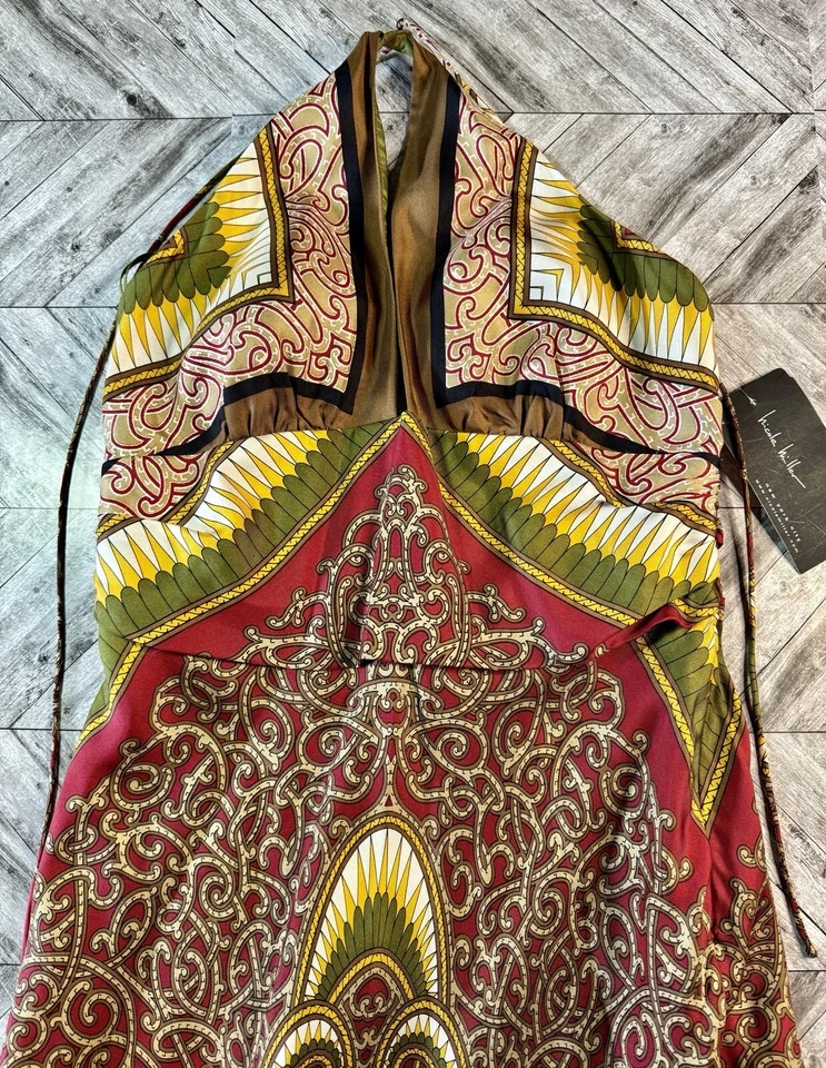 NWT Nicole Miller Collection Silk Dress Womens 4 Maxi Gown Lined Multicolor Logo - Image 2 of 4