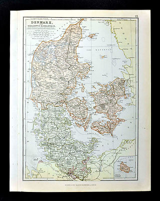 1883 Blackie Antique Map Denmark Schleswig Holstein Copenhagen Hamburg Europe