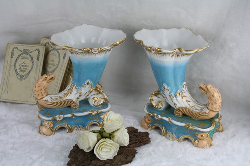 1880 Antique French PAIR Cornucopia horn dragon chimaera paris porcelain statue - 第 2/9 張圖片